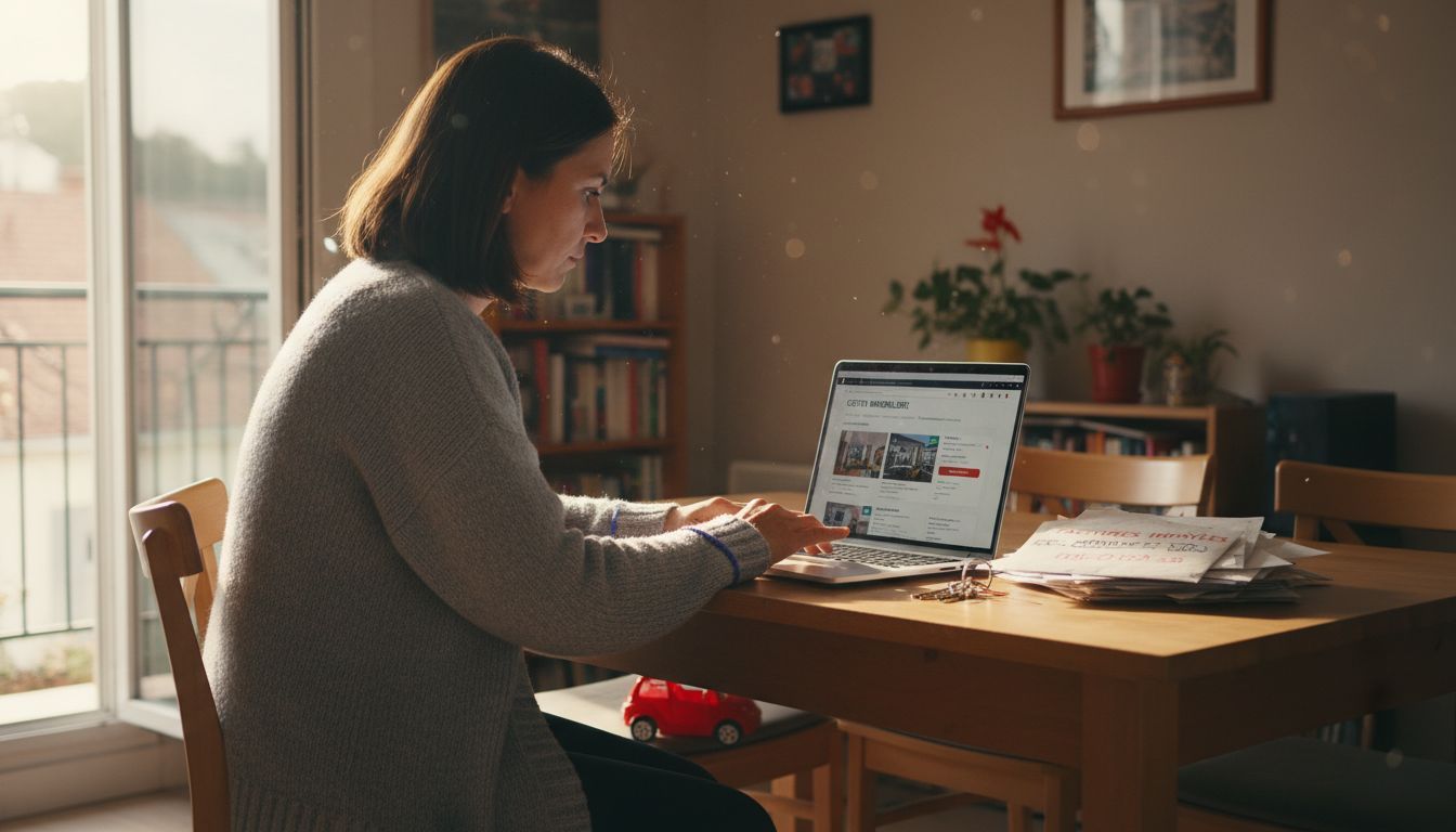 Une femme gère ses biens immobiliers depuis chez elle grâce à un logiciel dédié.