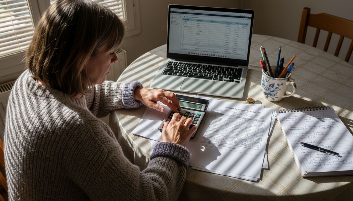 Assise à sa table de cuisine, une femme passe en revue ses chiffres pour évaluer la rentabilité de son investissement immobilier.