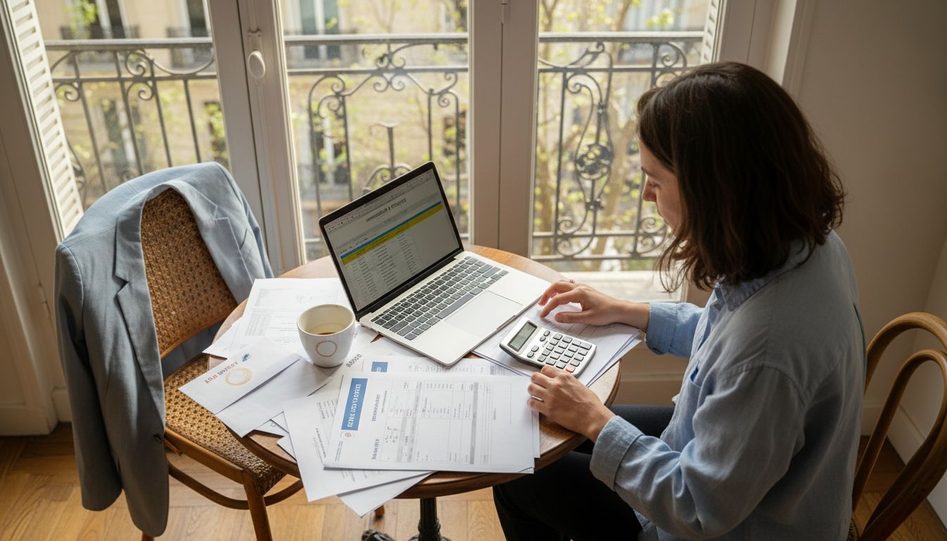 Une femme examine attentivement ses papiers pour vérifier si elle remplit les conditions du statut LMNP, installée à une table avec ses documents étalés devant elle.