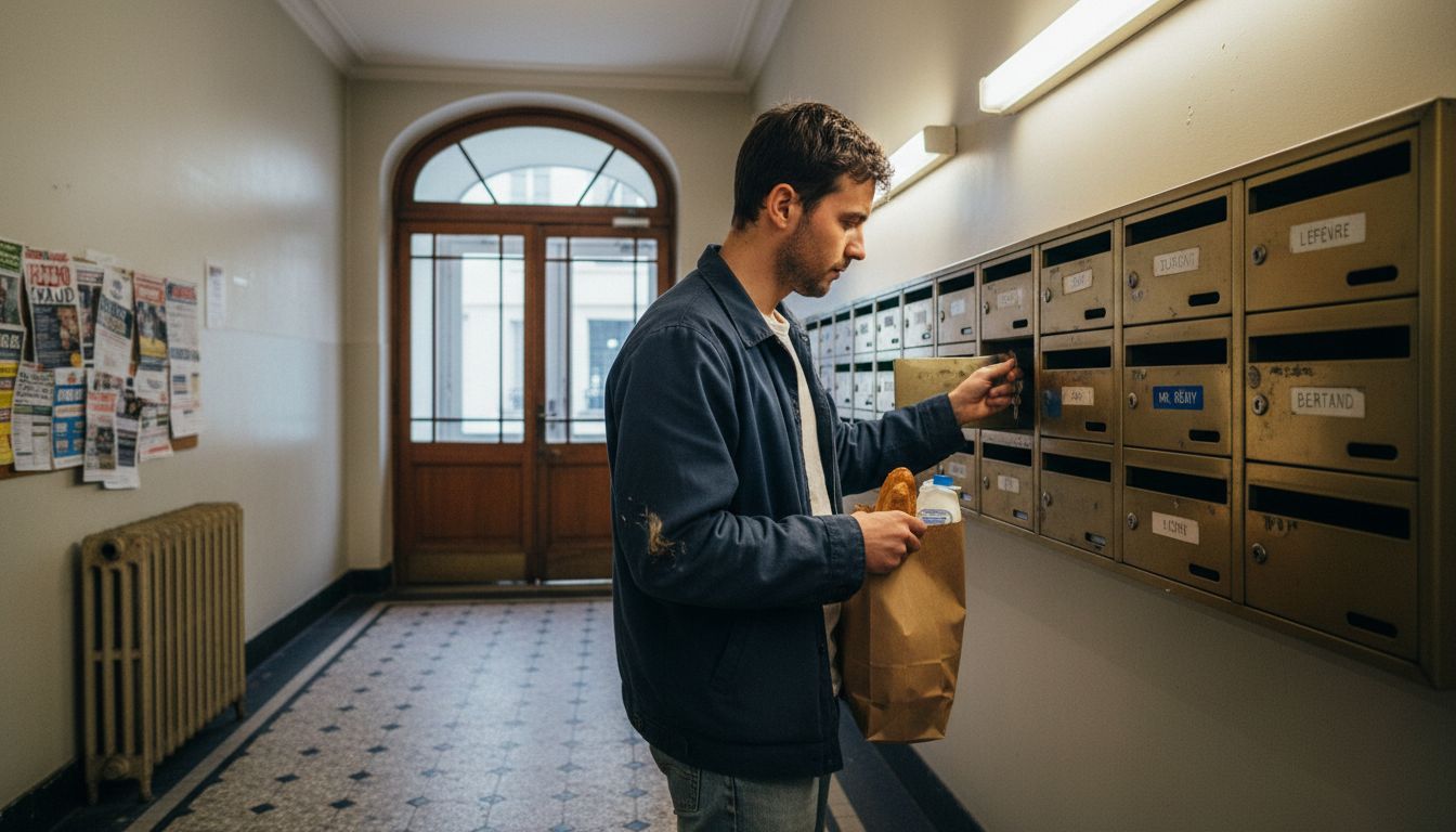 Un locataire relève son courrier dans le hall de l’immeuble.