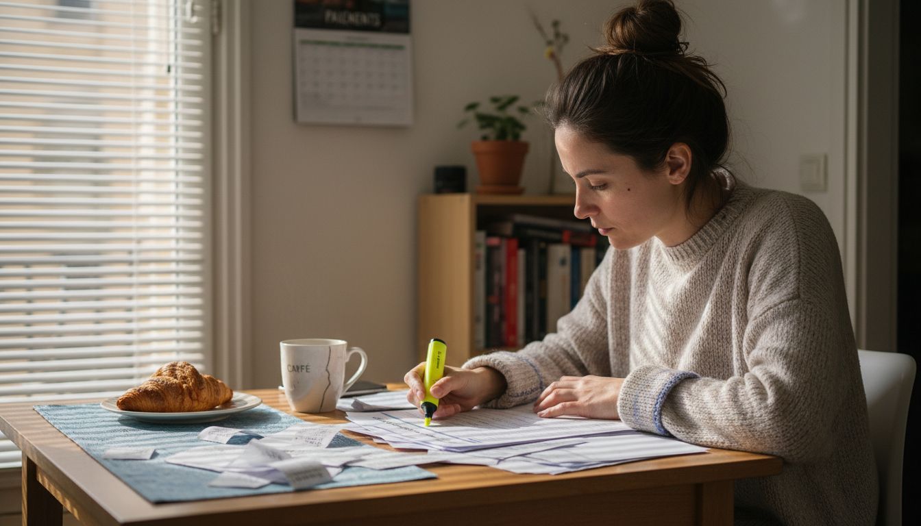 Une femme contrôle les paiements de loyer en s’appuyant sur ses justificatifs.