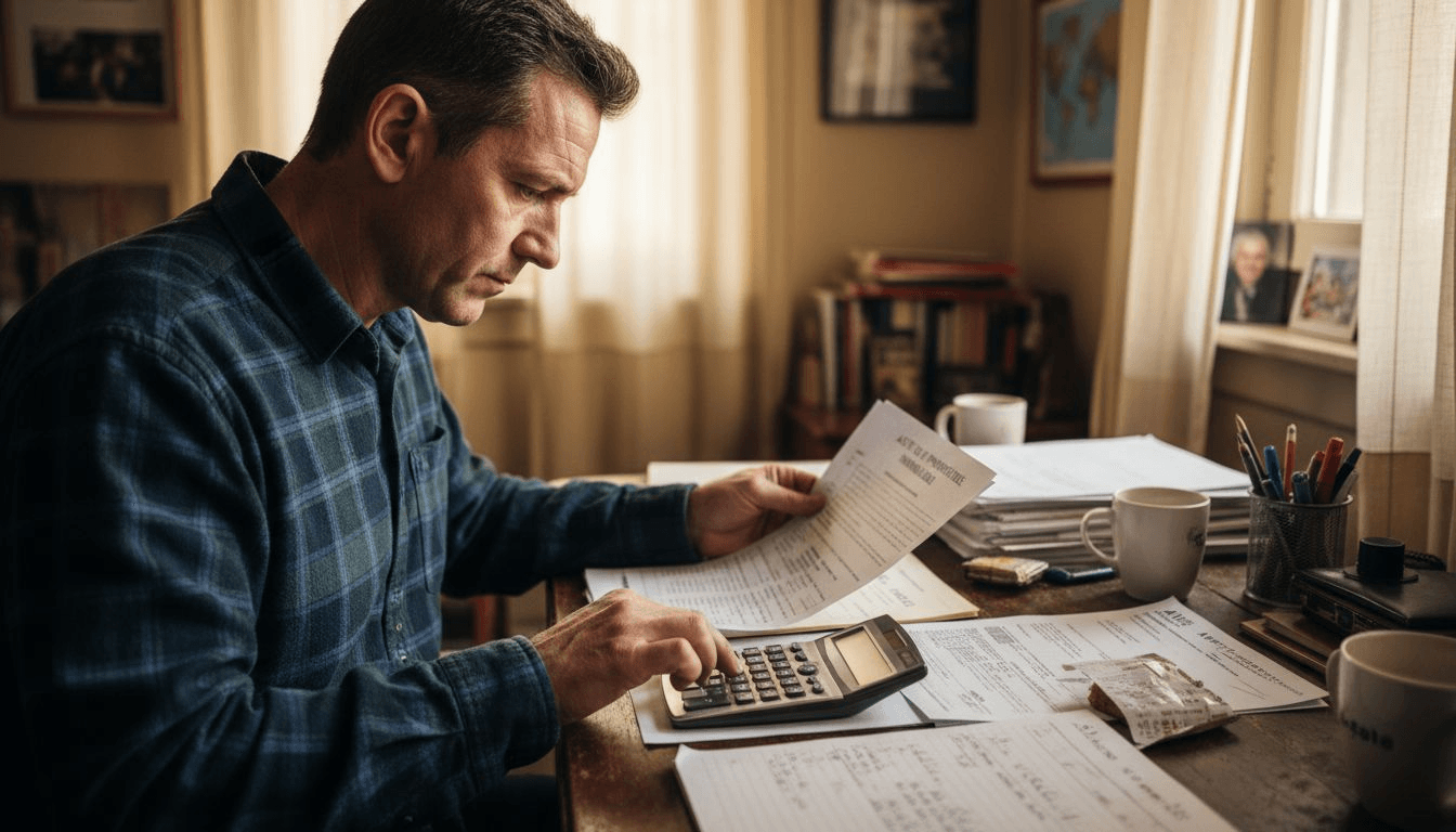 Un investisseur en pleine réflexion, assis à son bureau, en train d’estimer le montant de la taxe foncière pour son bien immobilier.