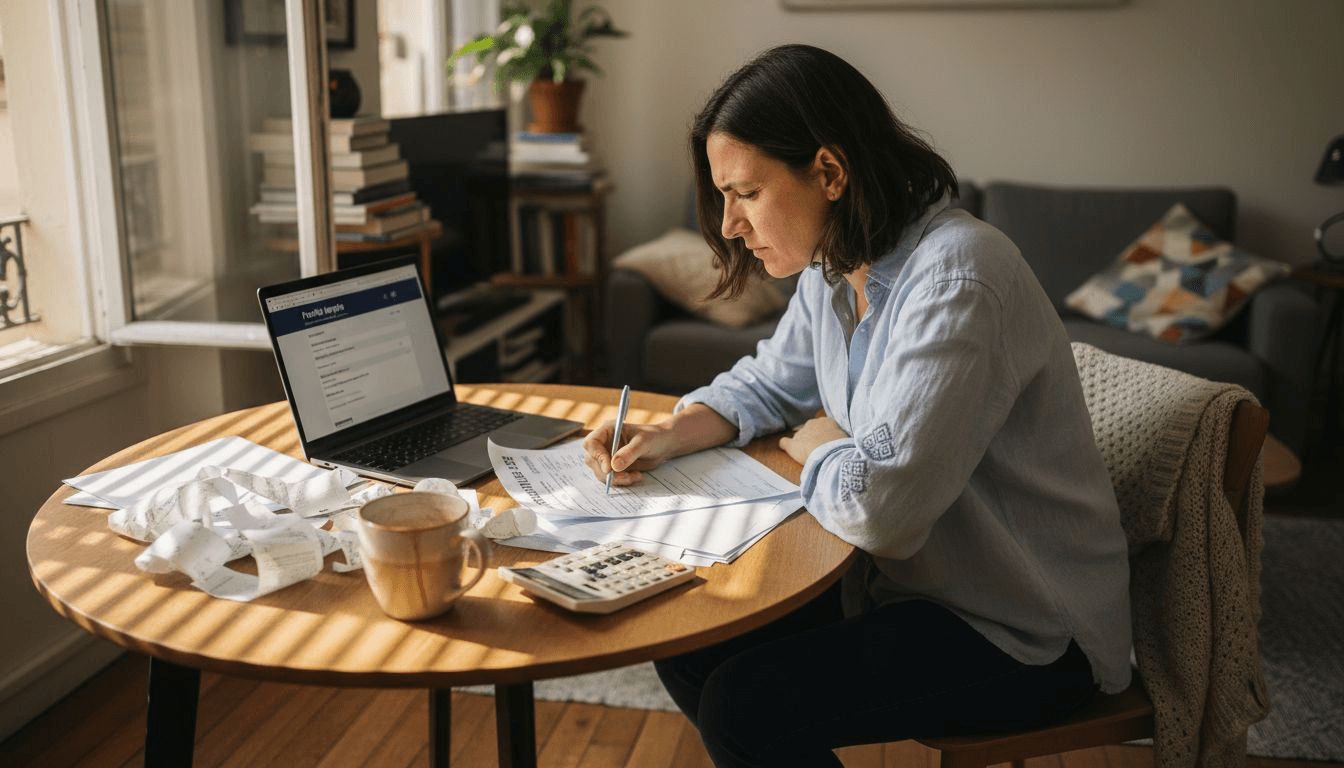 Une femme en train de rassembler les documents nécessaires pour déclarer ses revenus locatifs aux impôts.