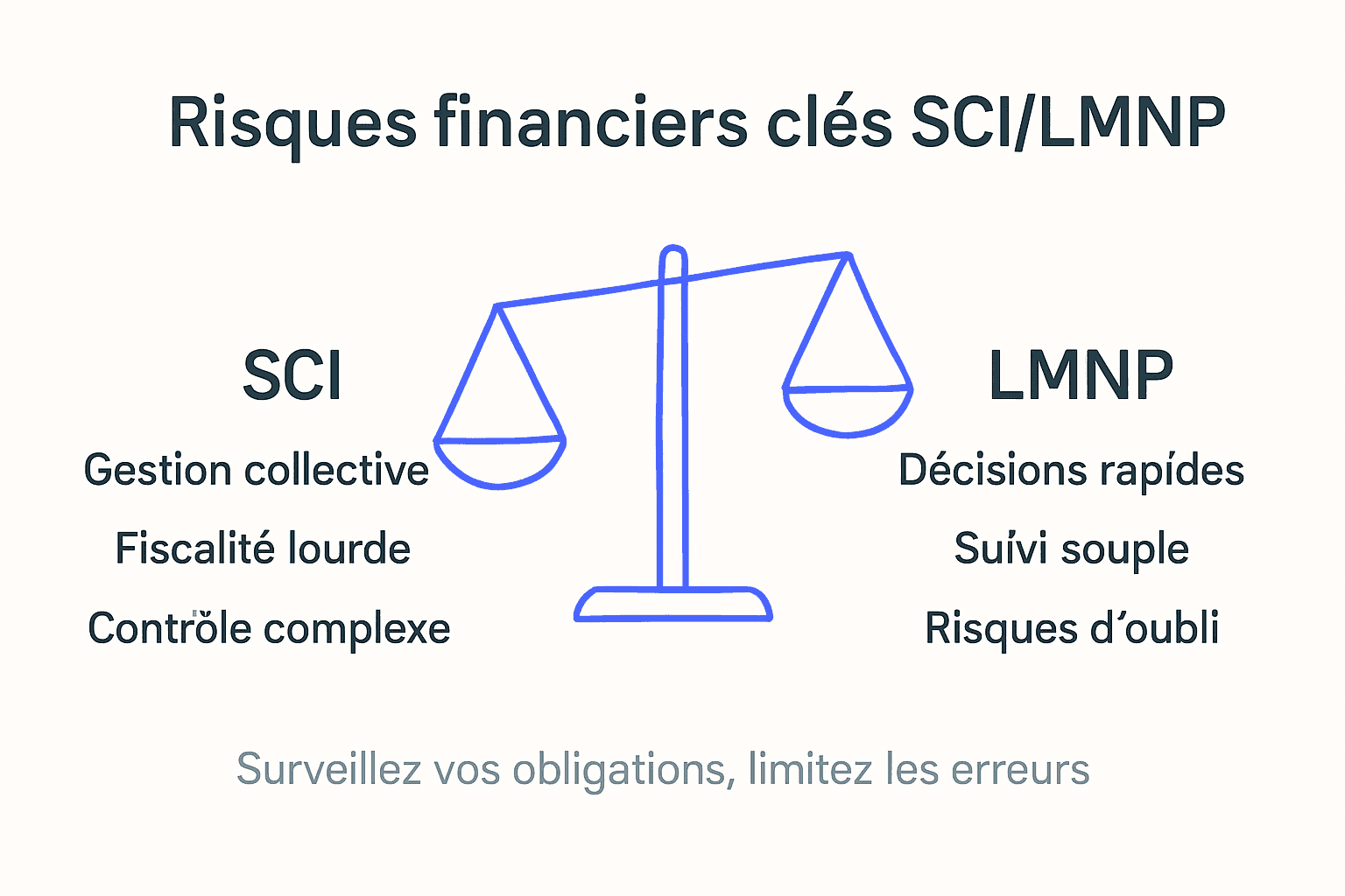 Visuel explicatif : les principaux risques financiers liés à l’investissement en SCI et en location meublée non professionnelle (LMNP)