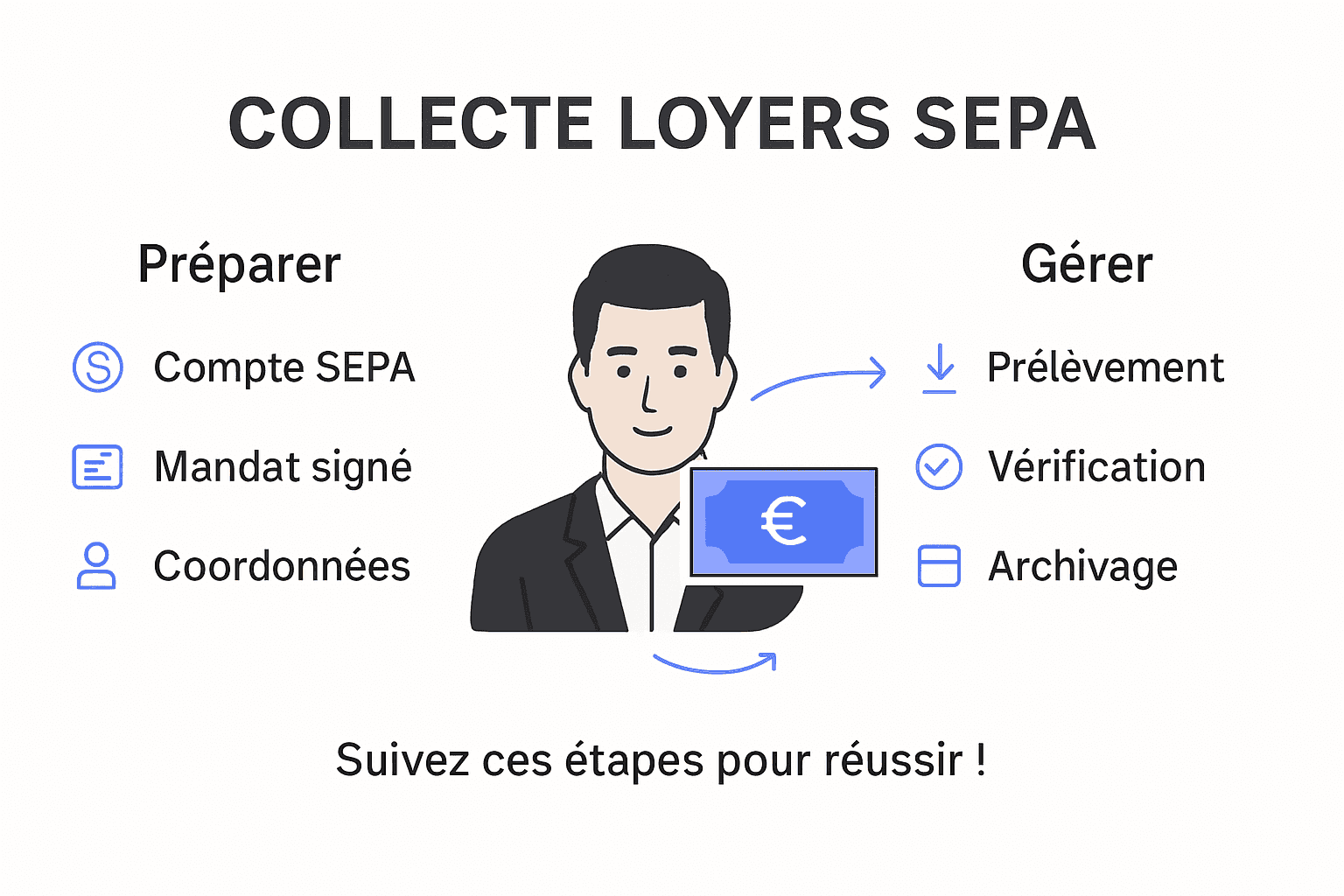 Schéma explicatif des différentes étapes pour encaisser les loyers via le prélèvement SEPA