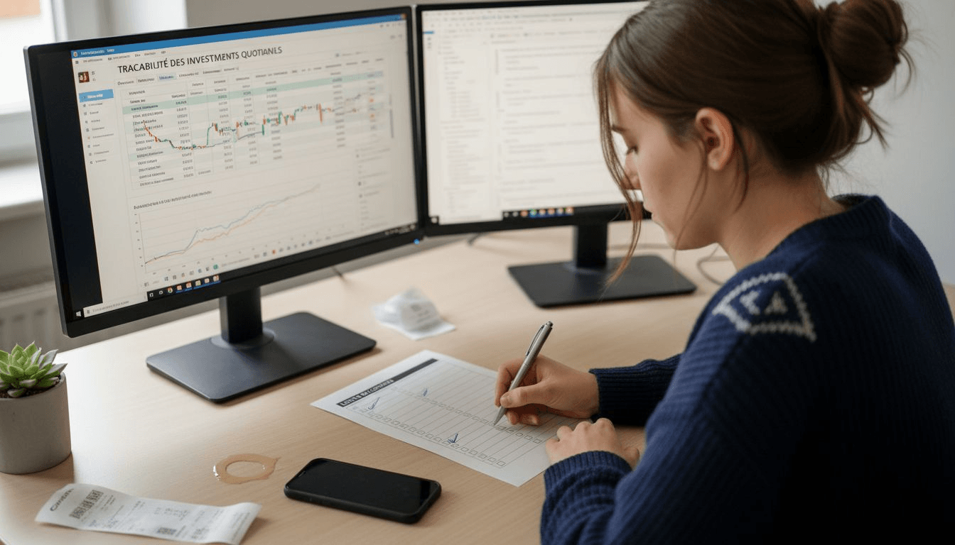 Une femme examine les performances financières sur son ordinateur, attentive aux chiffres et aux tendances du marché.