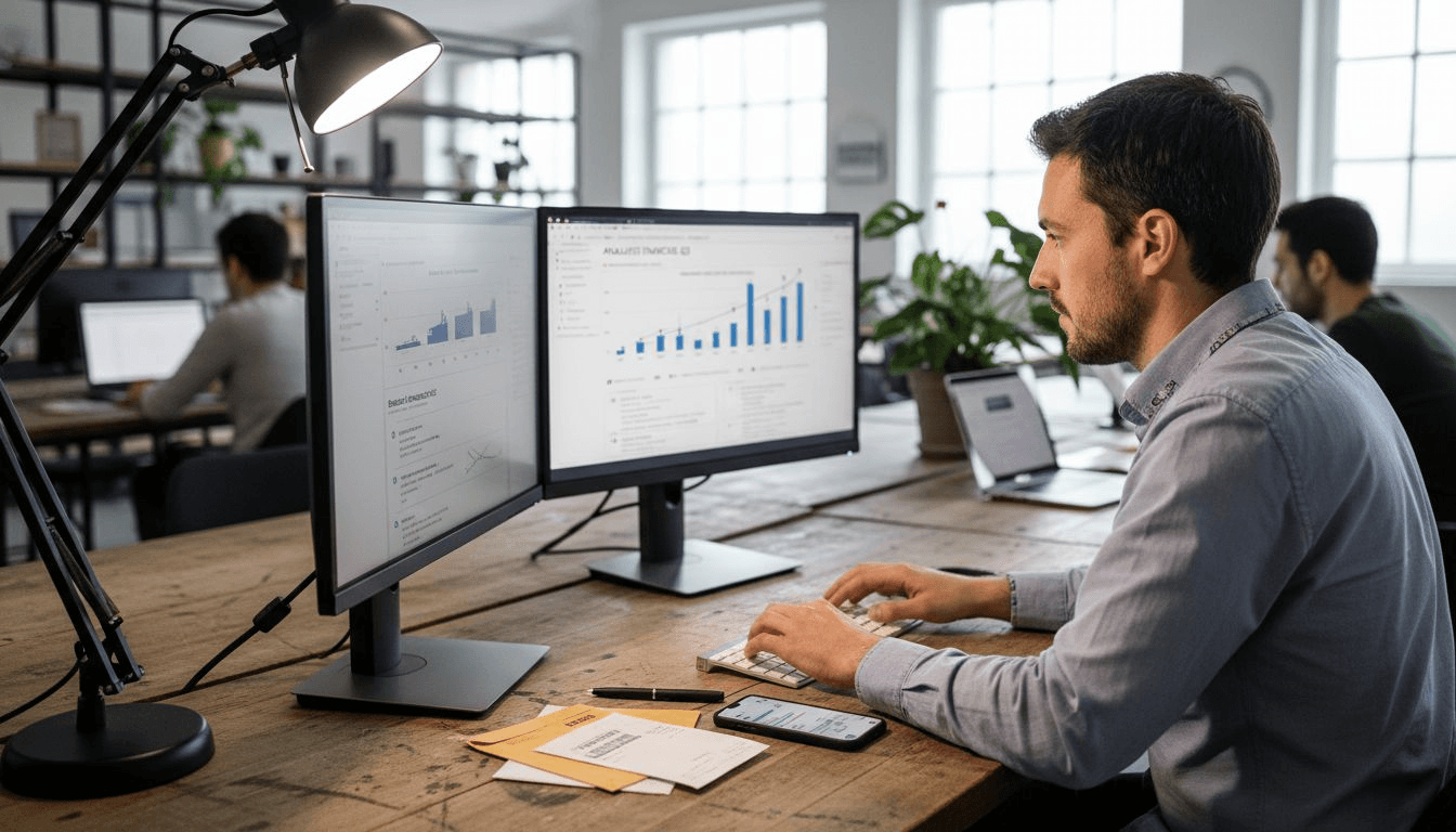Un utilisateur pilote l’automatisation de sa comptabilité tout en travaillant sur deux écrans.