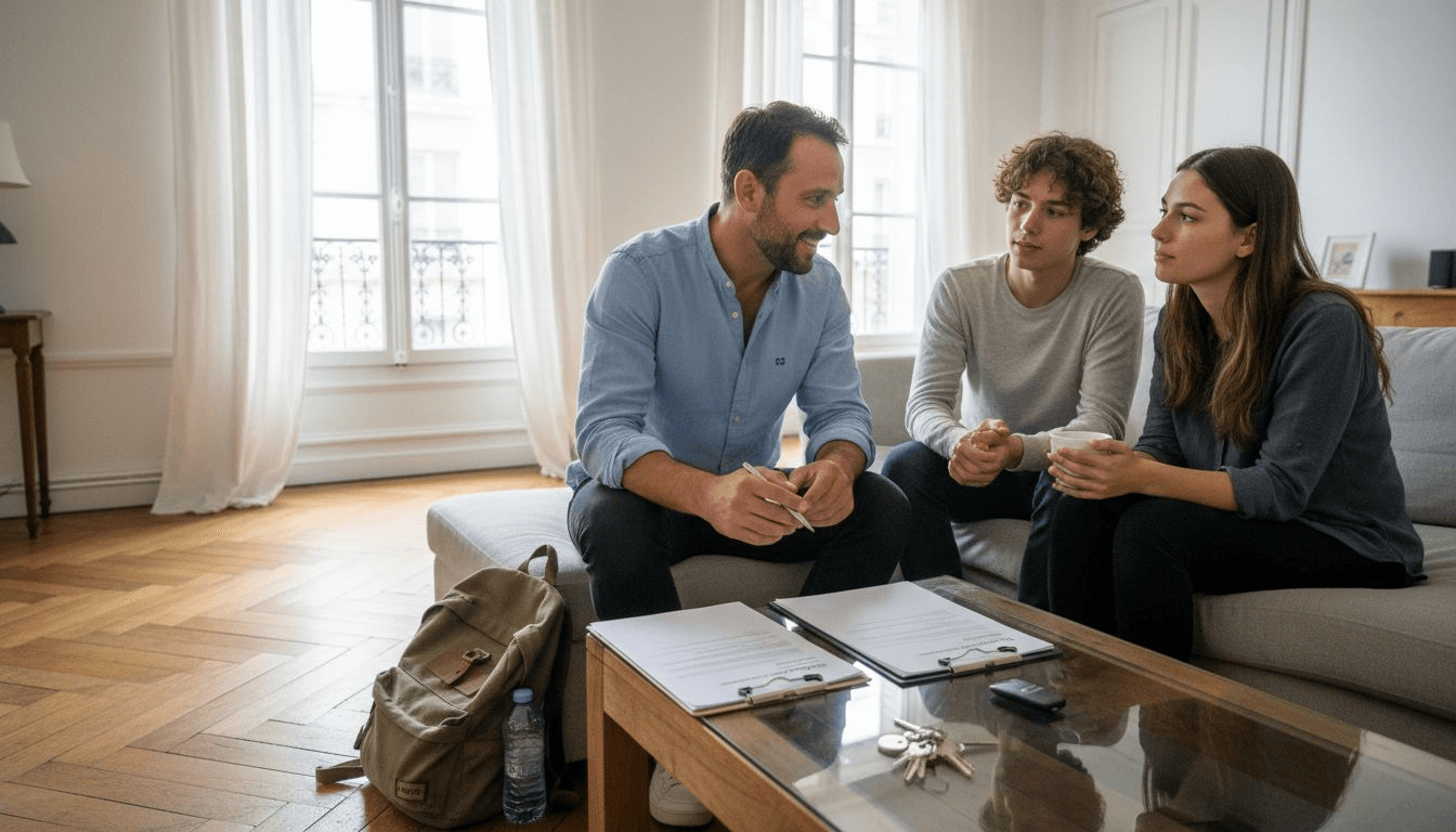 Un responsable échange avec ses locataires dans le séjour