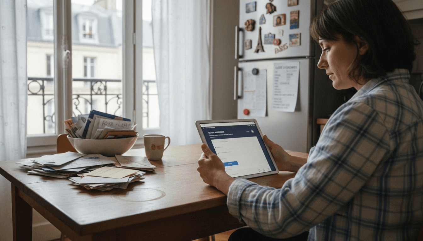Une femme organise ses échéances à domicile grâce à un outil de gestion du temps.