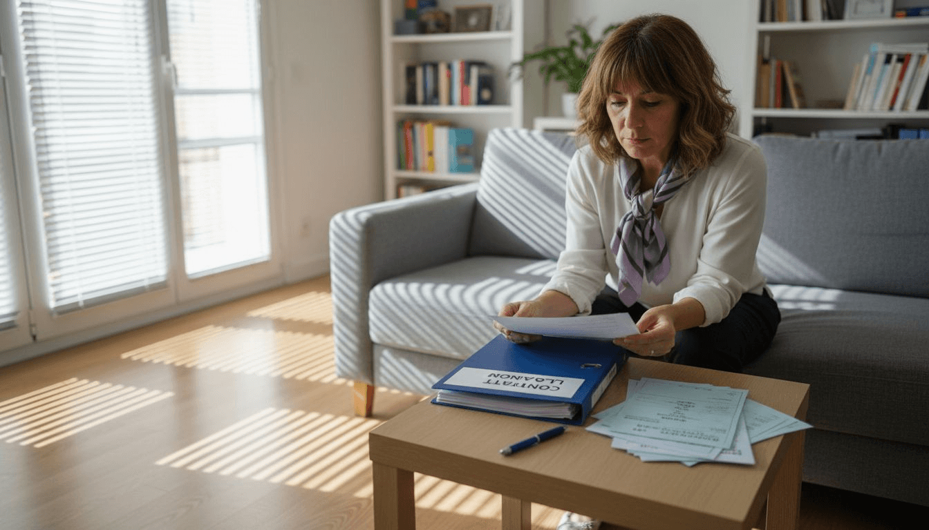 Un locataire passe en revue son bail et ses quittances de loyer pour vérifier que tout est en ordre.