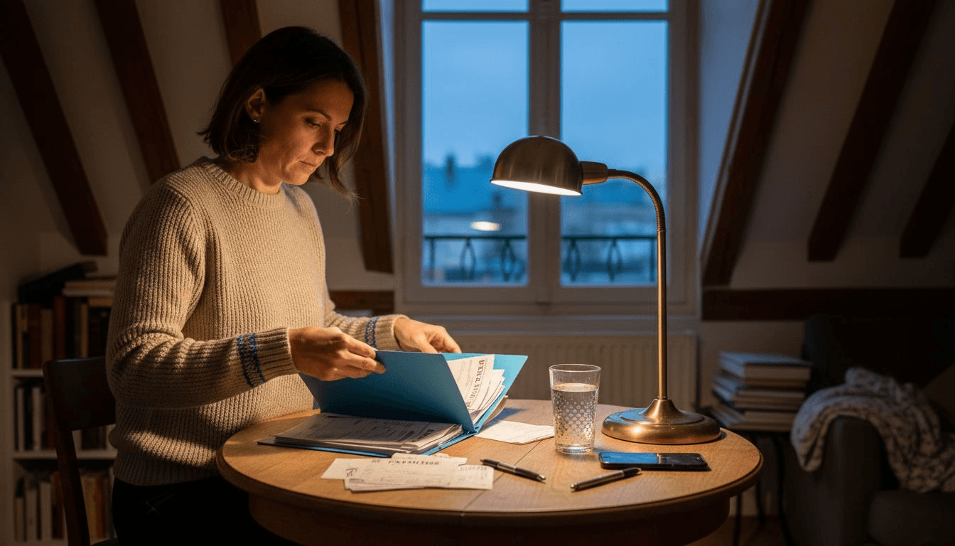 Une femme en pleine organisation de ses dossiers liés à la location meublée non professionnelle, étalés sur la table.
