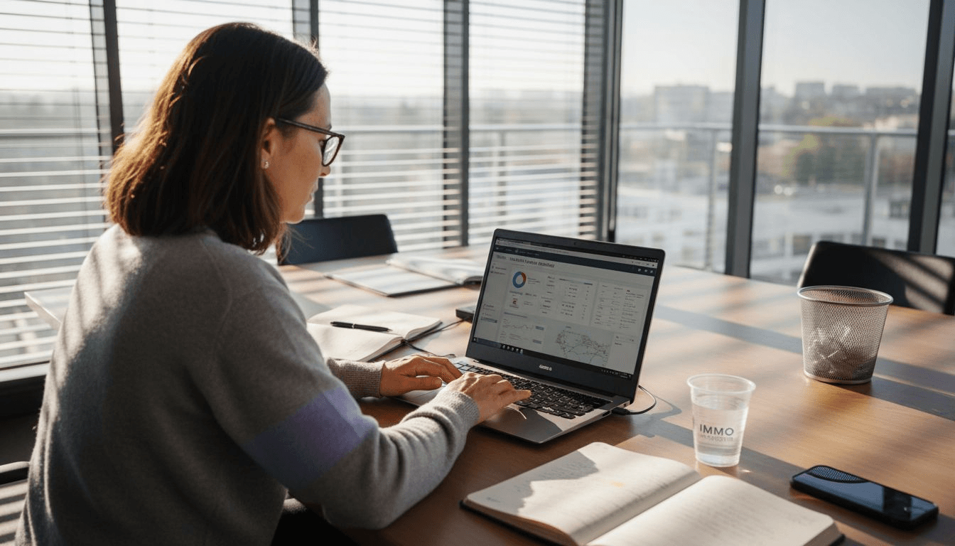 Une femme analyse son tableau de bord immobilier sur son ordinateur