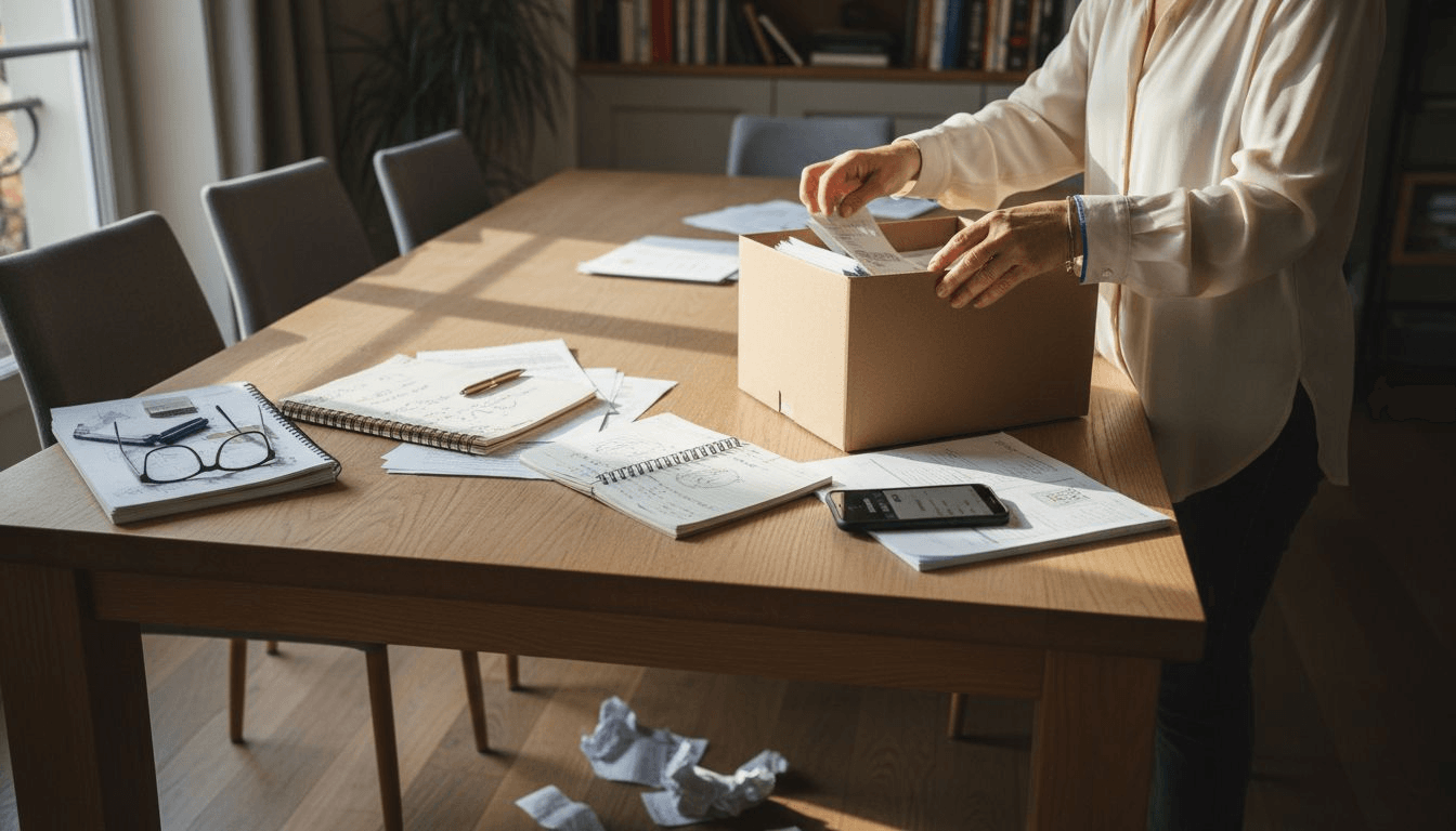 Un propriétaire en train de faire le tri dans ses factures, installé à la table de sa maison.