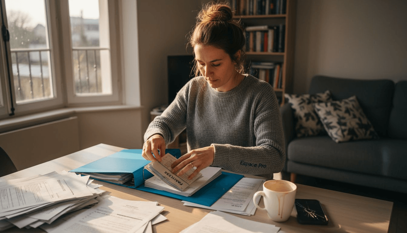 Une femme en train de trier et d’organiser ses factures dans un classeur