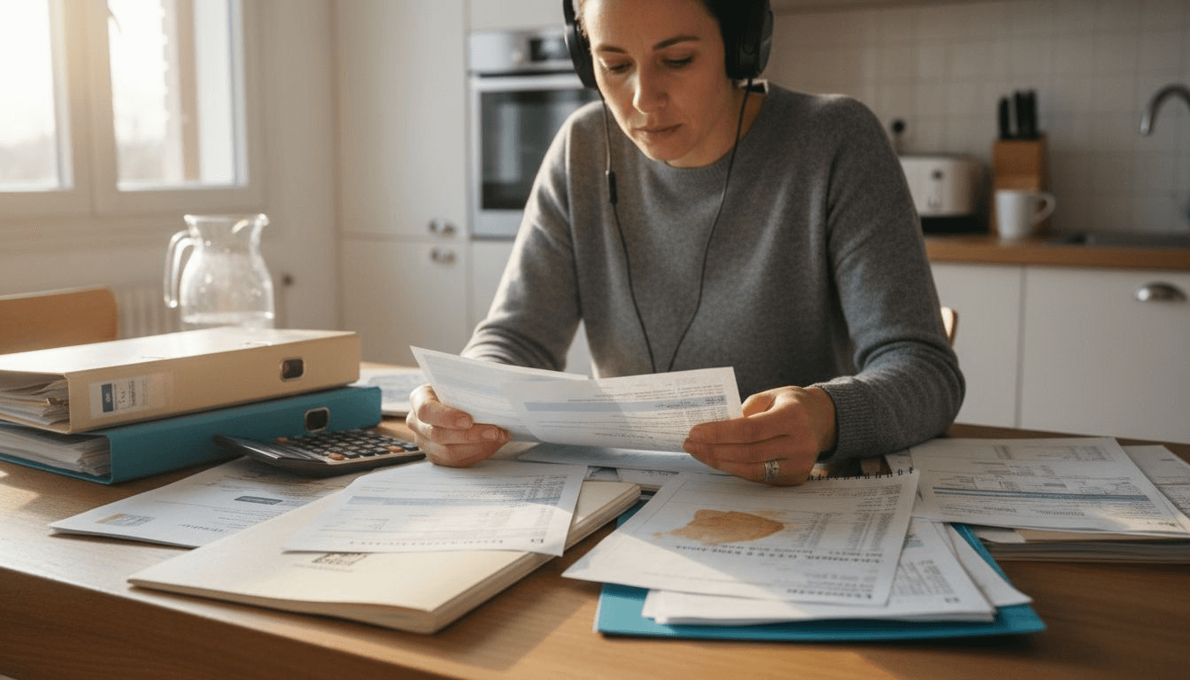 Une femme en pleine vérification des comptes et des charges liés à la gestion immobilière.
