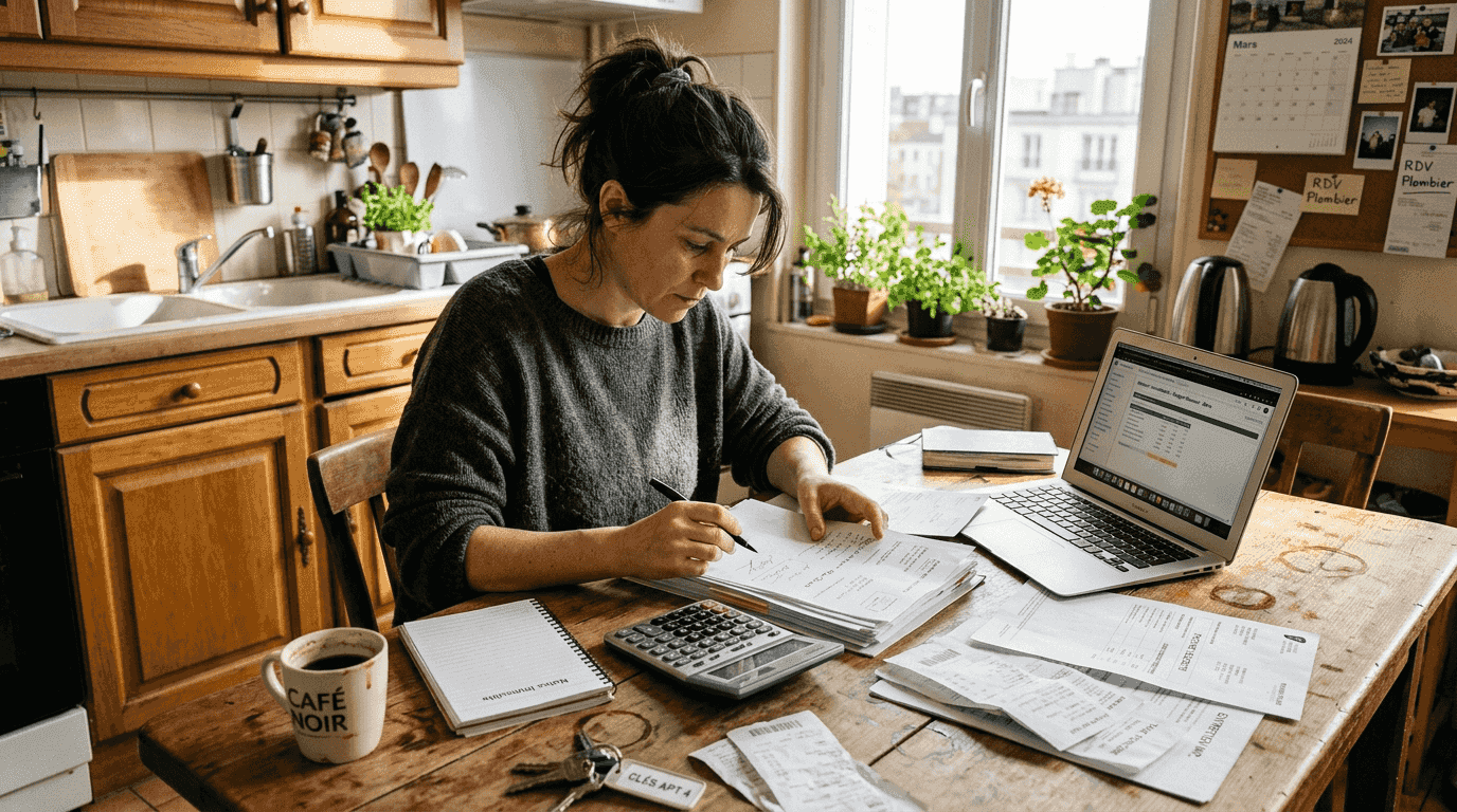 Un propriétaire en train de trier ses quittances de loyer chez lui.