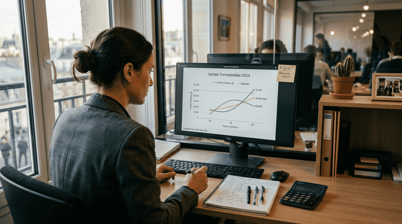 Une femme en pleine analyse du suivi de ses placements immobiliers