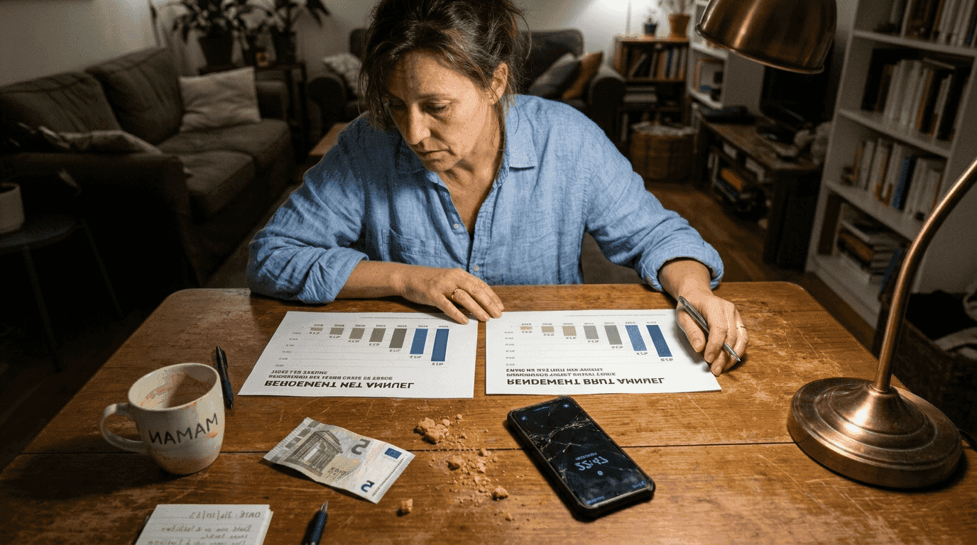 Une femme examine et compare le rendement brut et le rendement net, installée à une table.