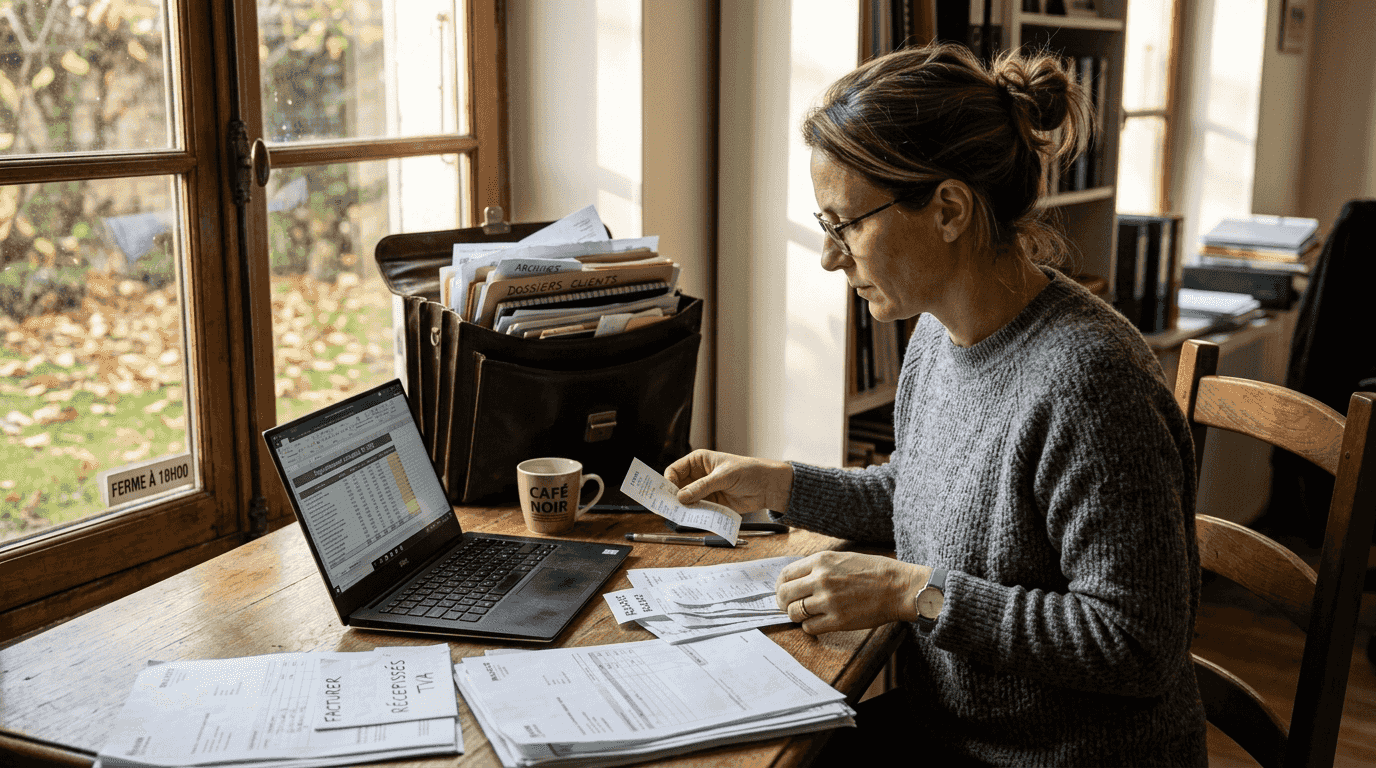 Expert-comptable en train de classer différents reçus liés à l’immobilier