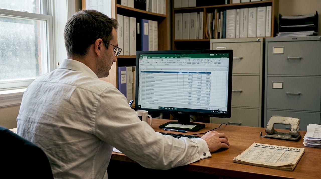 Un expert-comptable étudie le calcul des amortissements d'un bien loué sur son ordinateur.