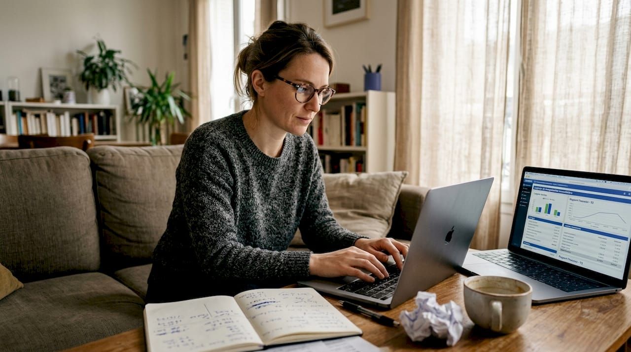Une femme s’occupe de la gestion de ses biens immobiliers directement depuis son ordinateur.