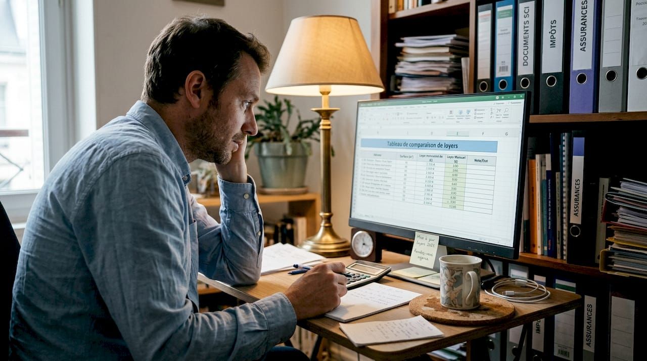 Un propriétaire consulte les loyers du marché depuis son ordinateur de bureau pour comparer les prix.