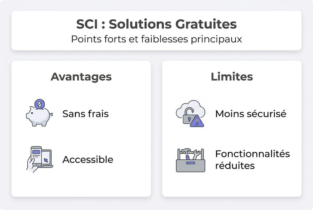 Infographie : points forts et faiblesses des solutions gratuites pour la création d’une SCI