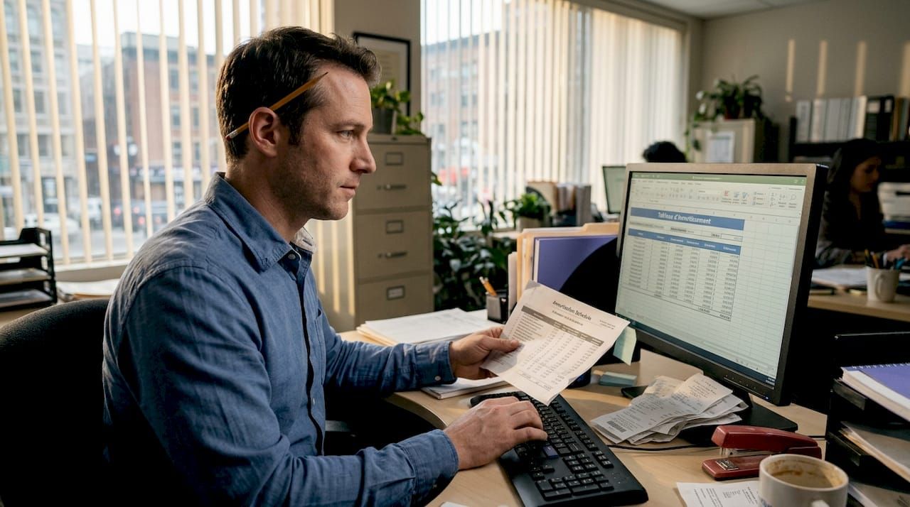 Un expert-comptable en train de gérer les dossiers d’amortissement