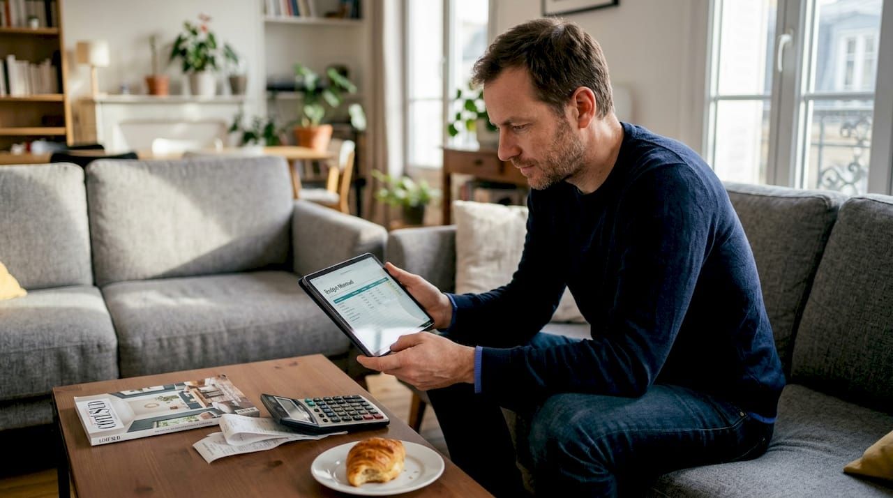 Un homme passe en revue ses documents comptables LMNP, installé confortablement dans son salon.