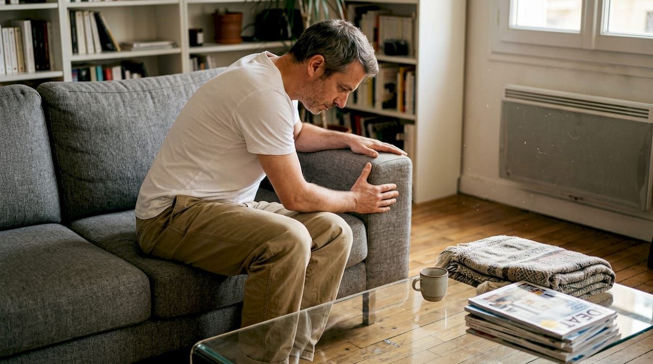 Un homme inspecte la qualité du canapé dans un appartement en location.