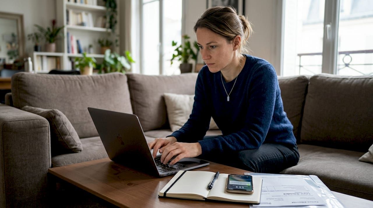 Une femme prend des notes sur ses échanges avec son locataire, installée devant son ordinateur portable.