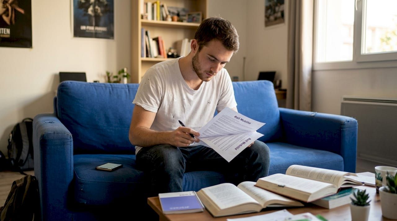 Un étudiant en train de vérifier les conditions de son bail mobilité pour un appartement