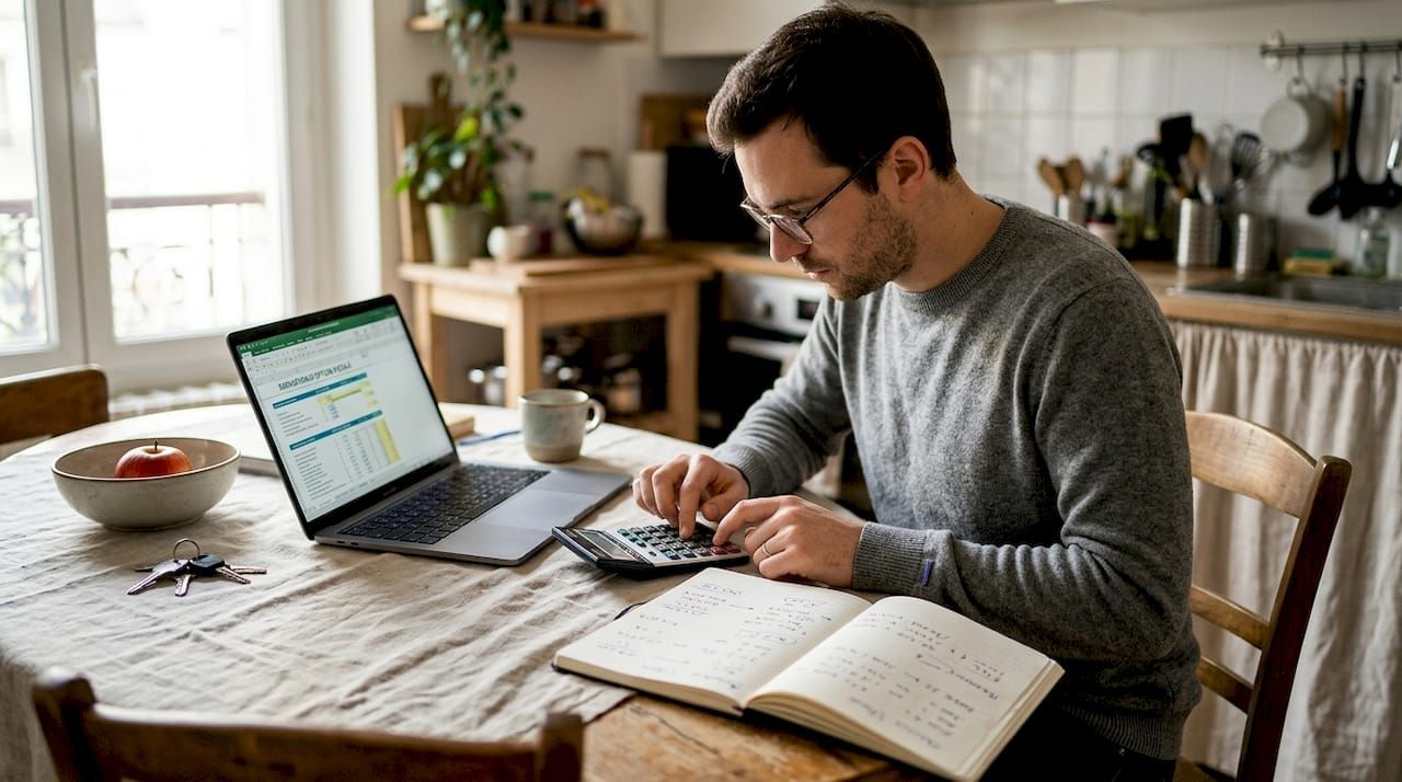 Un homme étudie les avantages fiscaux du statut LMNP pour l’aménagement de sa cuisine.