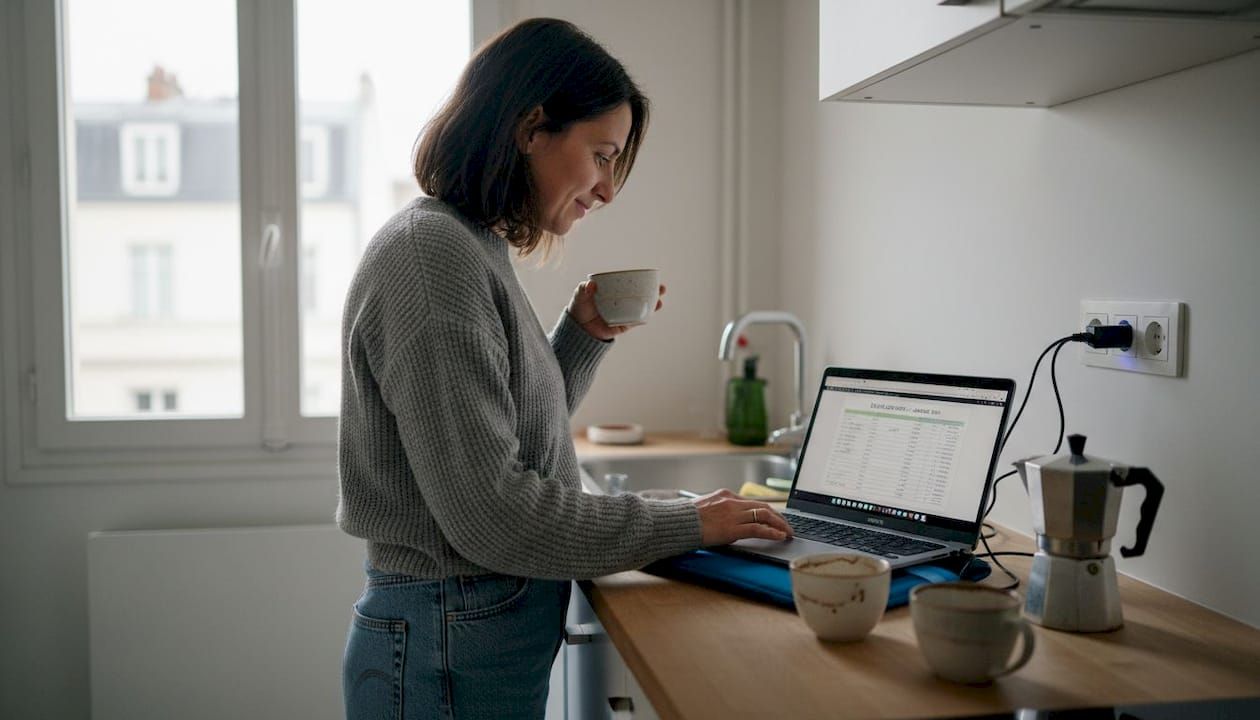Un locataire consulte ses documents de gestion de loyer tout en étant dans la cuisine.