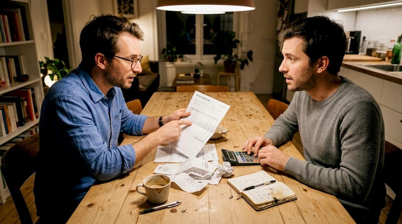 Deux associés assis autour d’une table passent en revue la gestion de leur SCI, calculatrice et documents à l’appui.