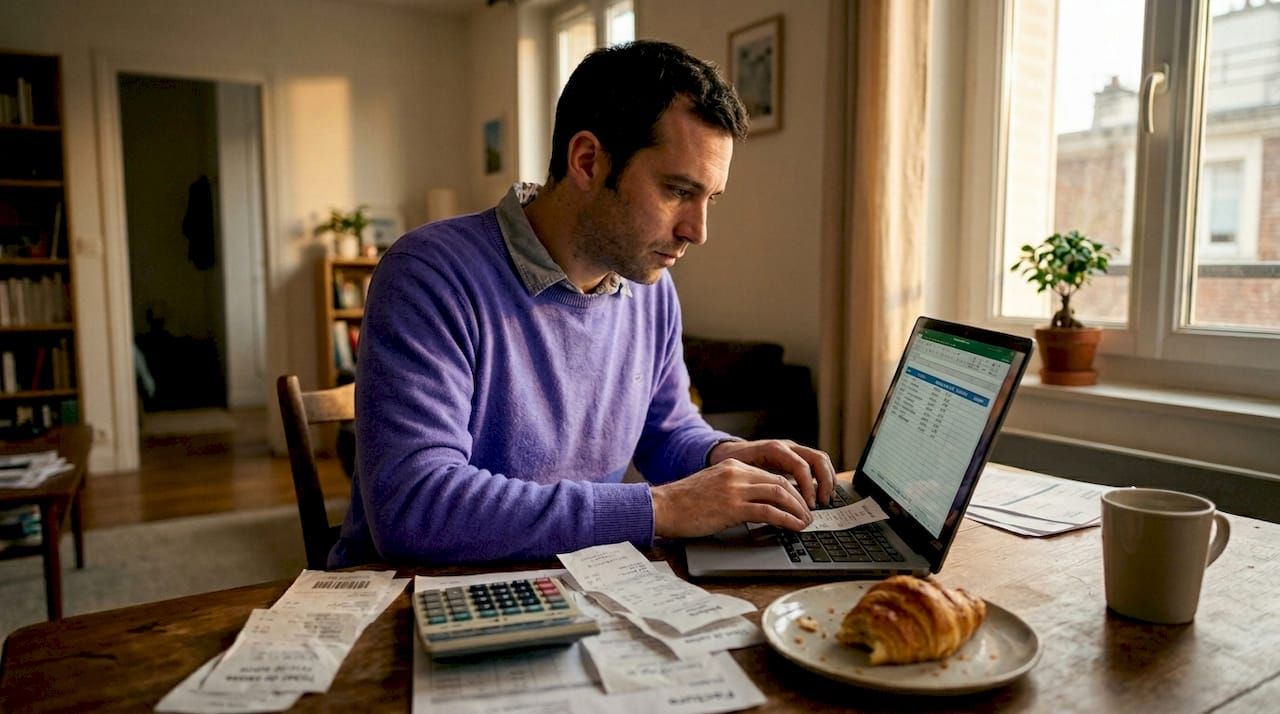 Un homme assis à sa table, en train de saisir ses reçus de dépenses pour préparer sa déclaration fiscale.