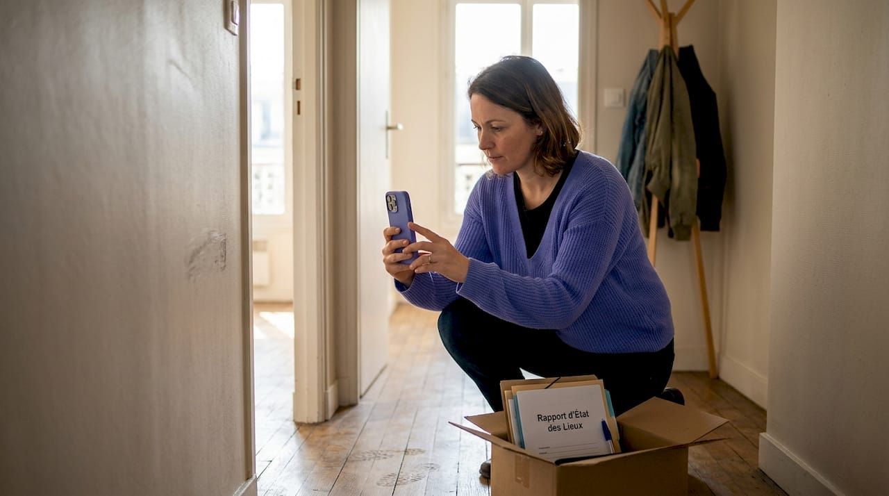 Une femme prend des photos pour réaliser l’état des lieux de son appartement.