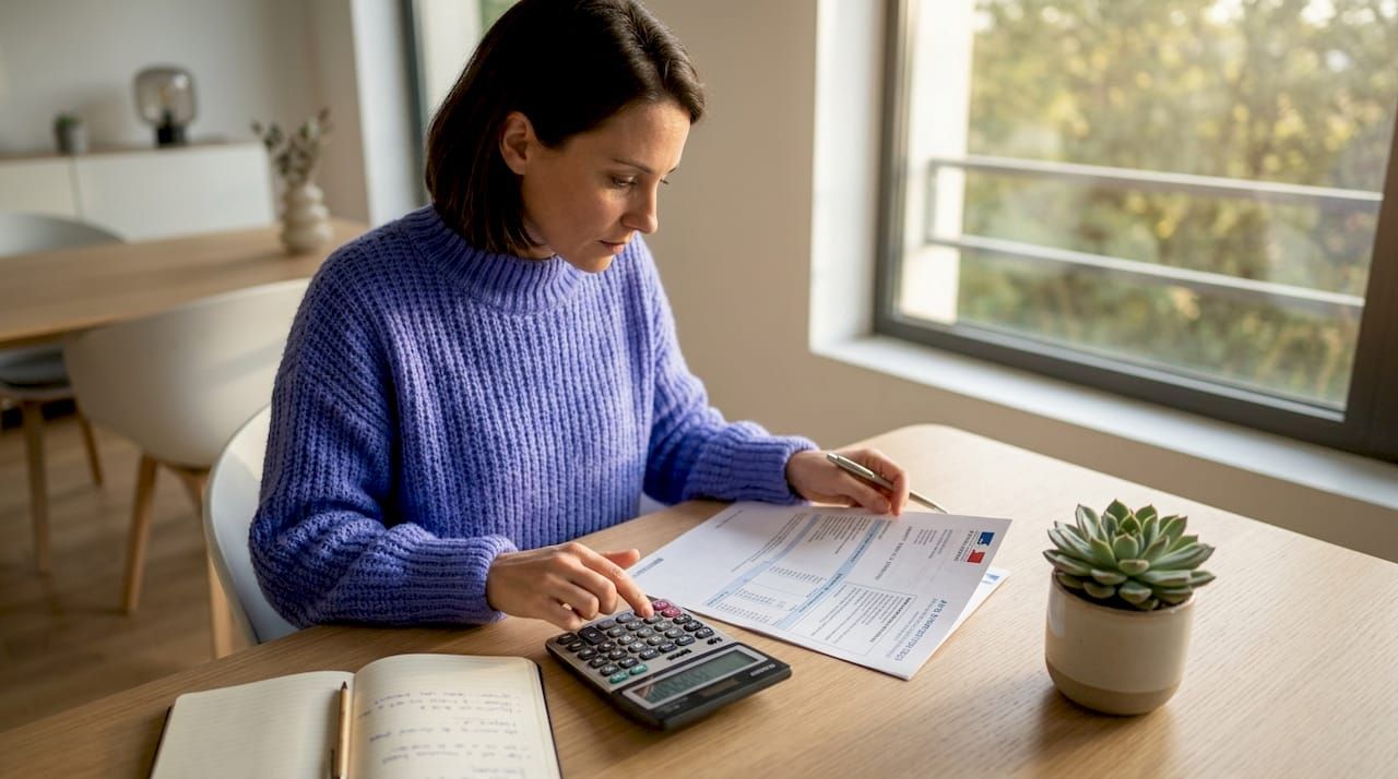Une calculatrice et des papiers d’impôts étalés sur la table de la cuisine