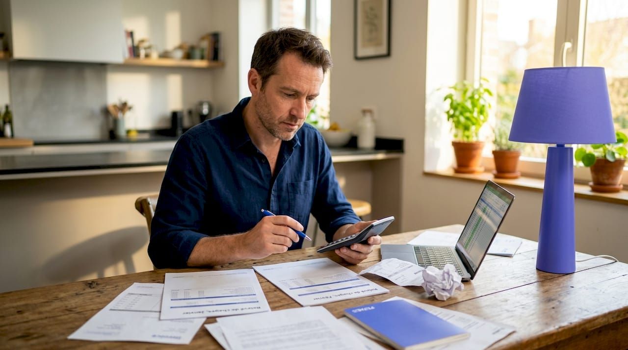 Homme vérifiant et gérant les charges locatives annuelles de son bureau à domicile