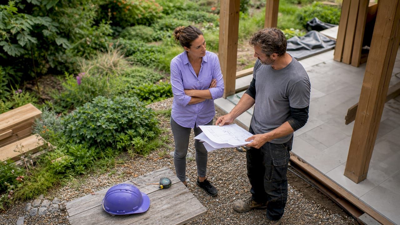 Une femme échange avec un artisan au sujet des travaux de rénovation dans son logement.