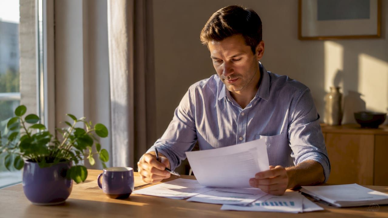 Des mains passent en revue des documents immobiliers posés sur un bureau.