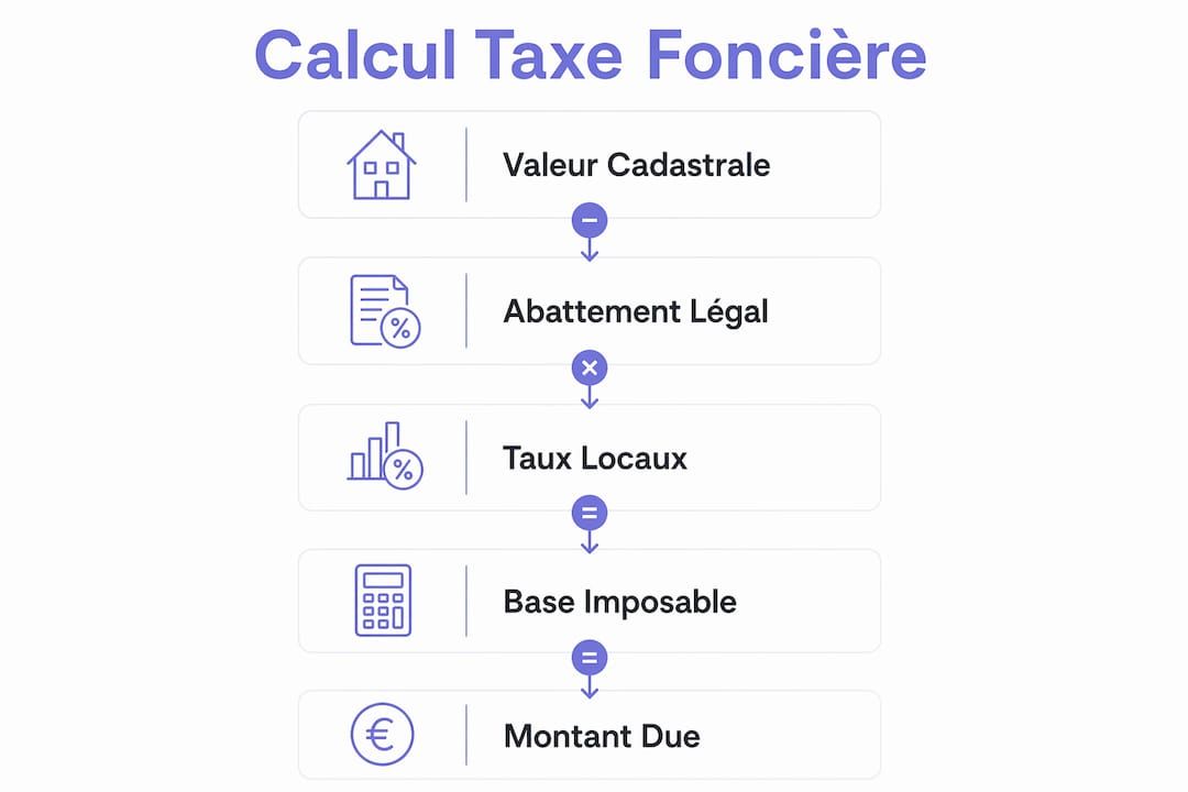 Schéma explicatif des différentes étapes pour calculer la taxe foncière