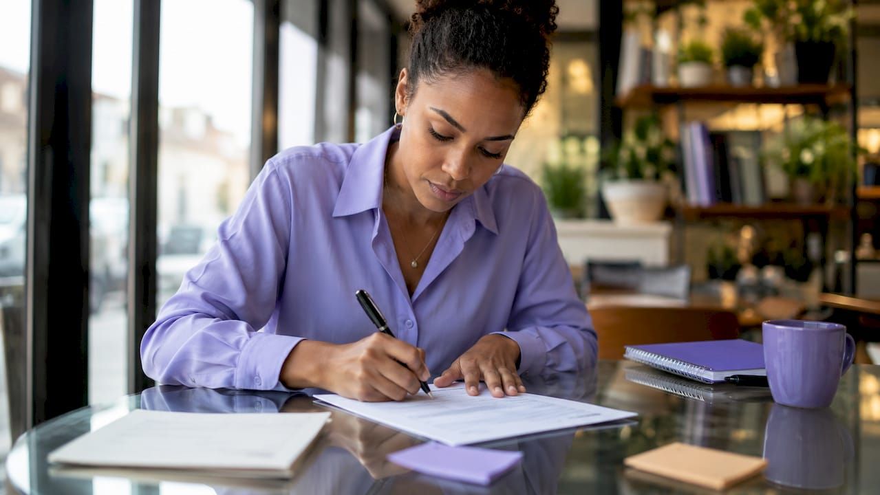 Une femme appose sa signature sur un mandat de prélèvement SEPA
