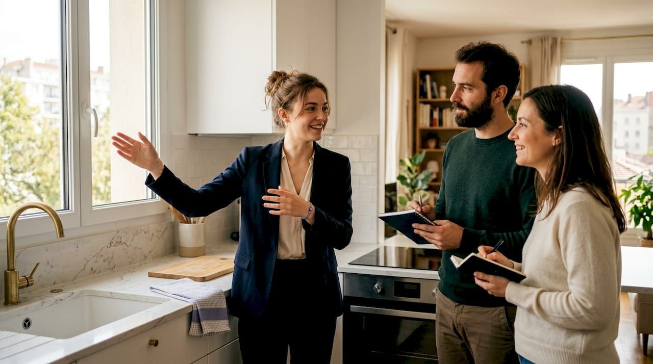 Un agent immobilier fait visiter un appartement à louer à des clients intéressés.
