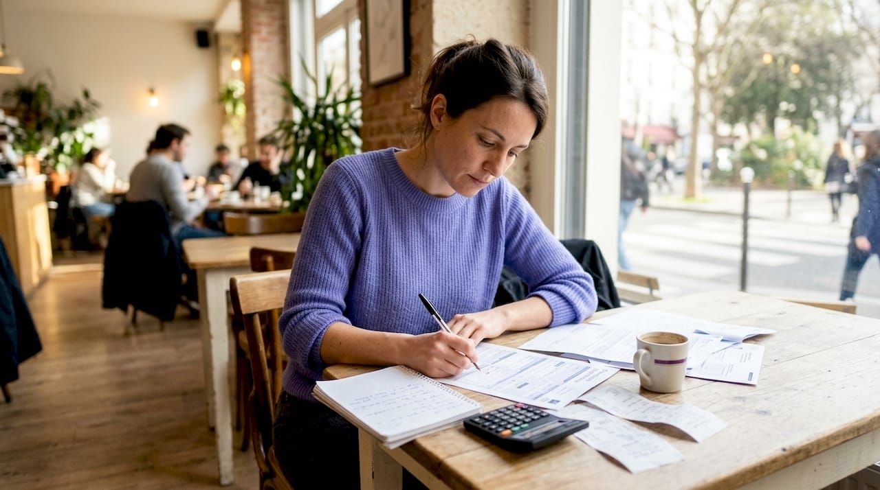 Une femme en train de remplir sa déclaration d’impôts à son bureau