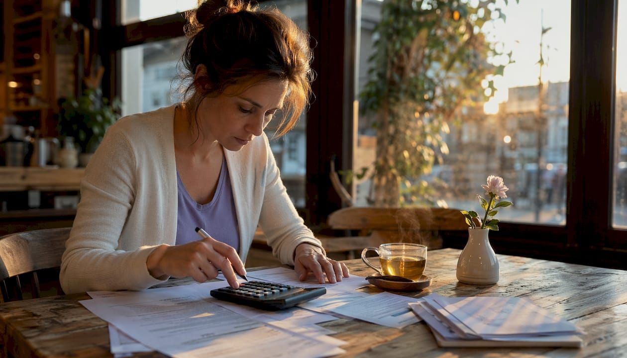 Une personne effectue le calcul des taxes liées à son garage à l’aide d’une calculatrice.