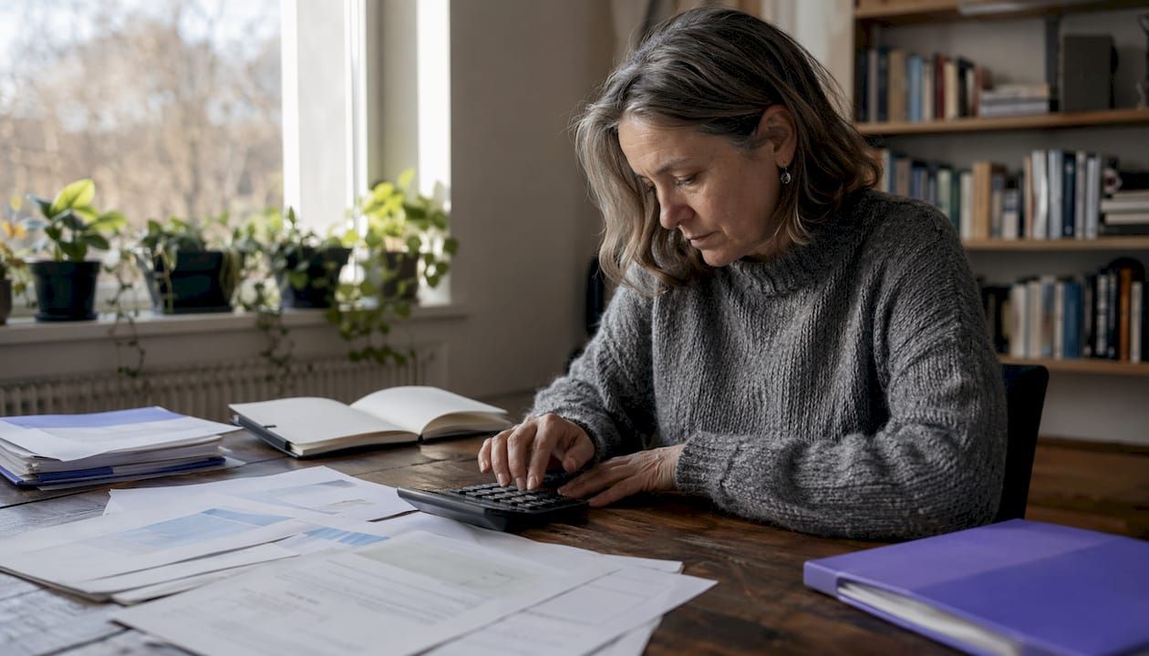 Des mains en train de faire des calculs sur une calculatrice, entourées de papiers fiscaux