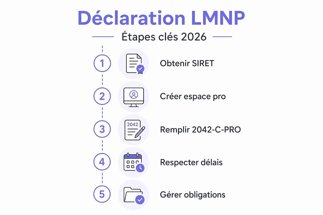 Découvrez en un coup d'œil les différentes étapes pour déclarer votre statut LMNP en 2026 grâce à notre infographie pratique.