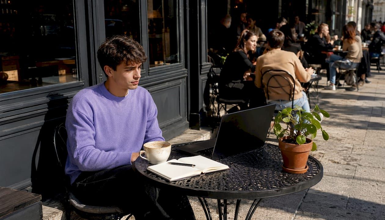 Un jeune homme planche sur le calcul des charges LMNP, installé tranquillement à la terrasse d’un café.