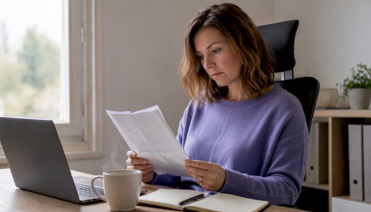 Une femme consulte attentivement son contrat de location chez elle.